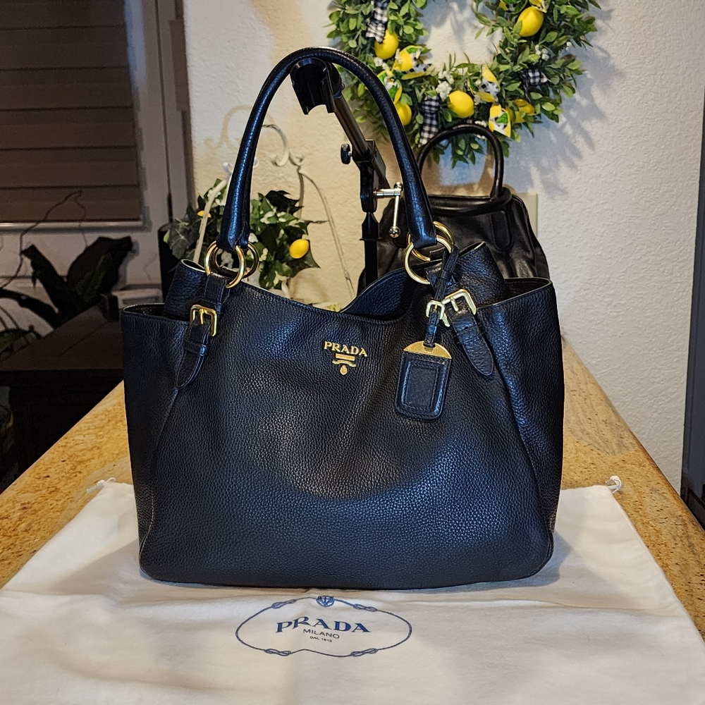 PRADA VITELLO DAINO BR4862 LARGE SHOULDER TOTE  SIDE POCKET BAG BLACK LEATHER